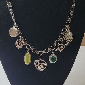 Silver Charm Necklace with Green Accents